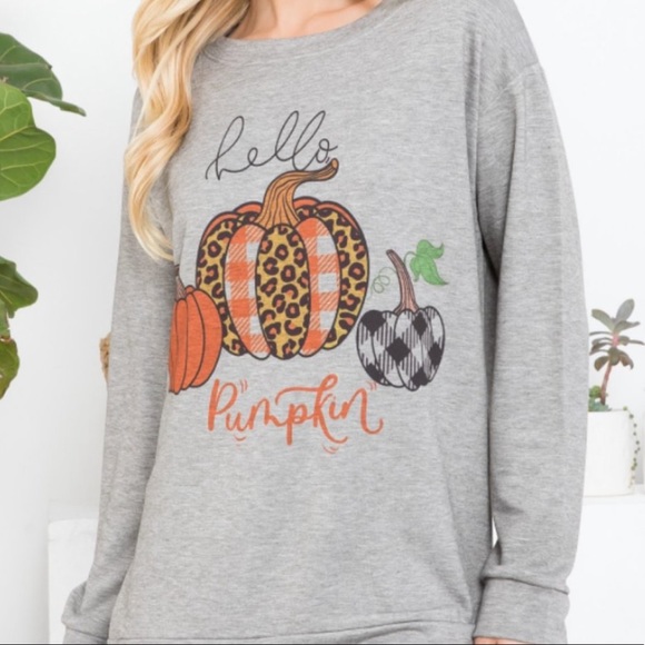 "Hello Pumpkin" Heather Gray Pullover Sweatshirt - Picture 2 of 11